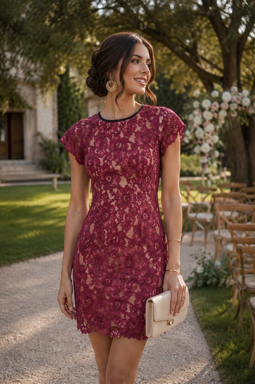 WAYF Floral Lace cutout back dress in Maroon. Size XS